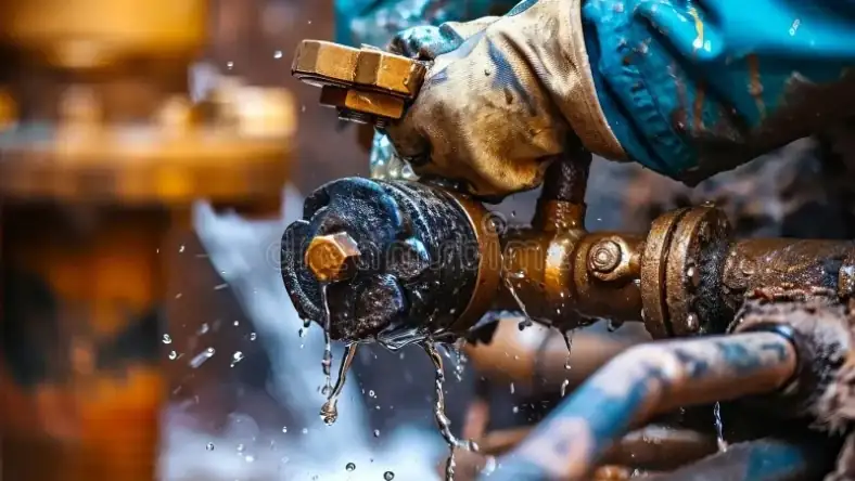 Utility worker inspecting a leaking water pipe valve during maintenance